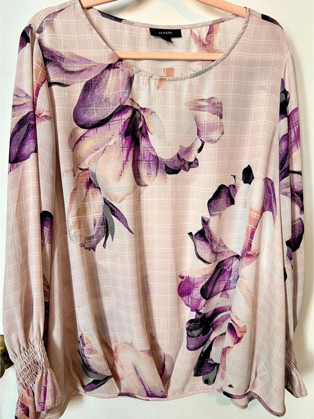 Alfani XL Blush Purple Floral Smocked Cuff Blouse